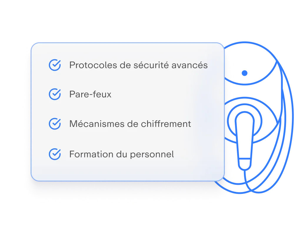 Liste de mesures de sécurité : protocoles avancés, pare-feux, chiffrement, formation du personnel, avec un design moderne et épuré.