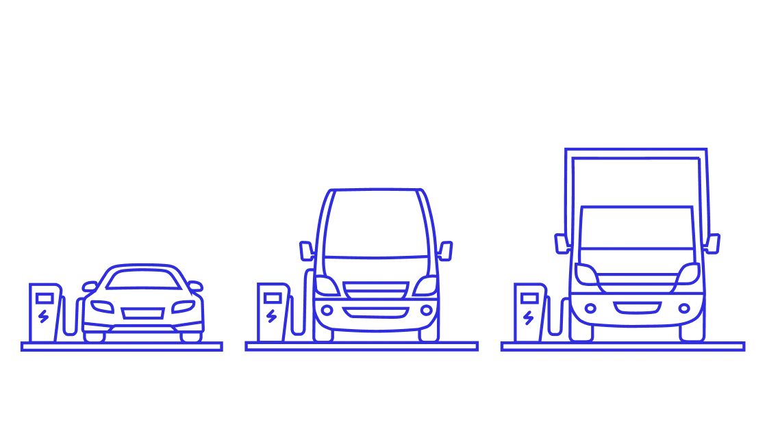 Line drawings of a car, a van and a truck, each at a charging station