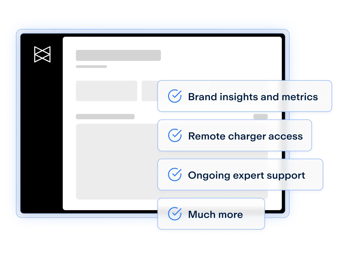 Tablet displaying a user interface with checkmarked features: brand insights, remote charger access, expert support, and more.