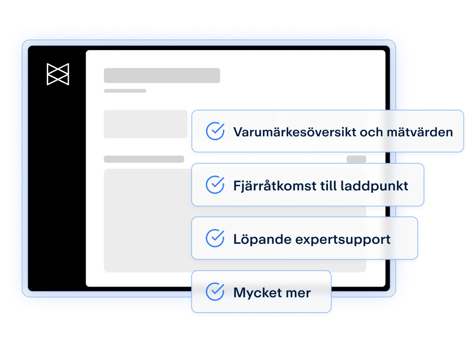 En digital skärm med en layout som visar en lista med punkter: varumärkesöversikt, fjärråtkomst, expertsupport och mer.