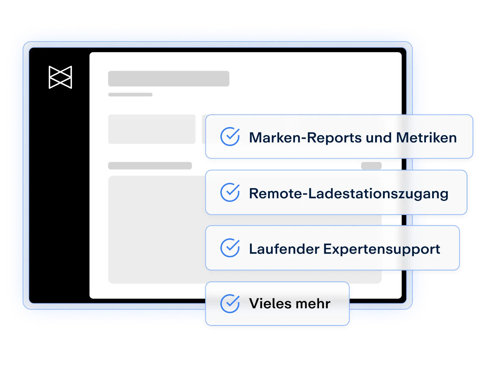 Ein Tablet mit einem blauen Rahmen, das verschiedene Funktionen anzeigt: Marken-Reports, Remote-Ladestationszugang, Expertensupport und mehr.