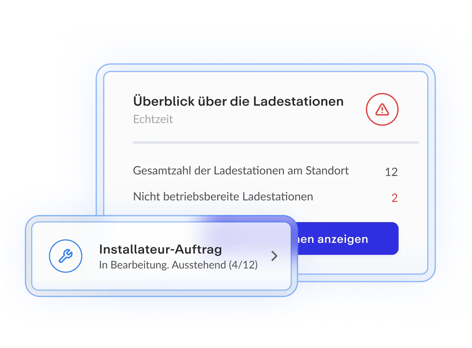 Übersicht über Ladestationen mit Warnsymbol, Zahlen zu Gesamt- und nicht betriebsbereiten Stationen, sowie einem Installateur-Auftrag.