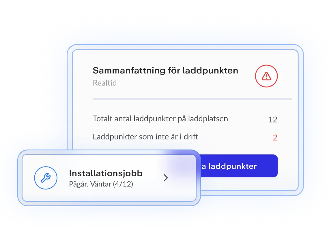 Sammanfattning av laddpunkter med totalsummering, röd varningssymbol och information om installationsjobb och driftsstatus.