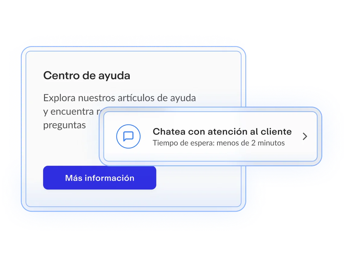 Cuadro de ayuda con texto explicativo en fondo claro, botón azul "Más información" y burbuja de chat indicando atención al cliente rápida.