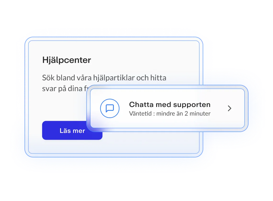 Hjälpcenterskylt med en knapp för att chatta med supporten, väntetid under 2 minuter, vit och lila färgtoner.