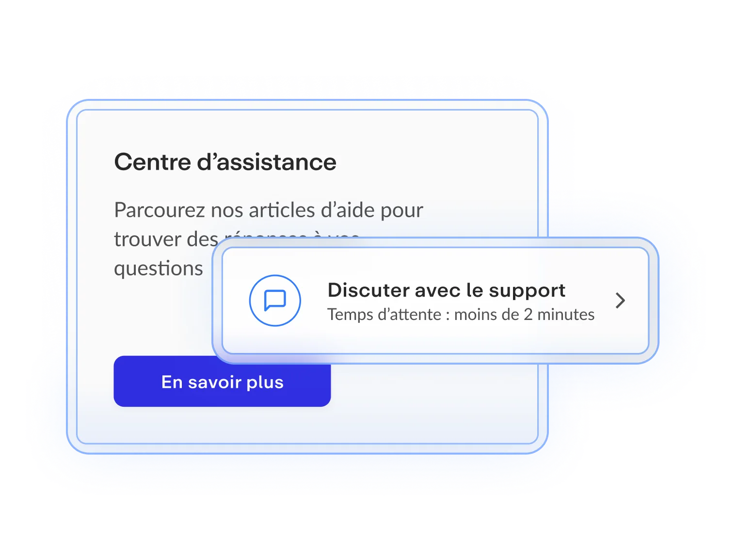 Centre d'assistance avec une invite de discussion et un temps d'attente affiché, sur fond blanc et accents bleu clair.