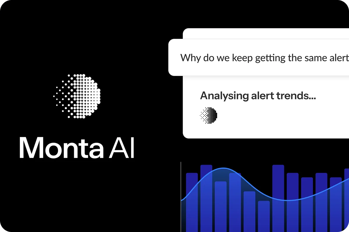 Monta AI logo on the left, with a text bubble above, and a blue bar graph below depicting alert trends against a black background.
