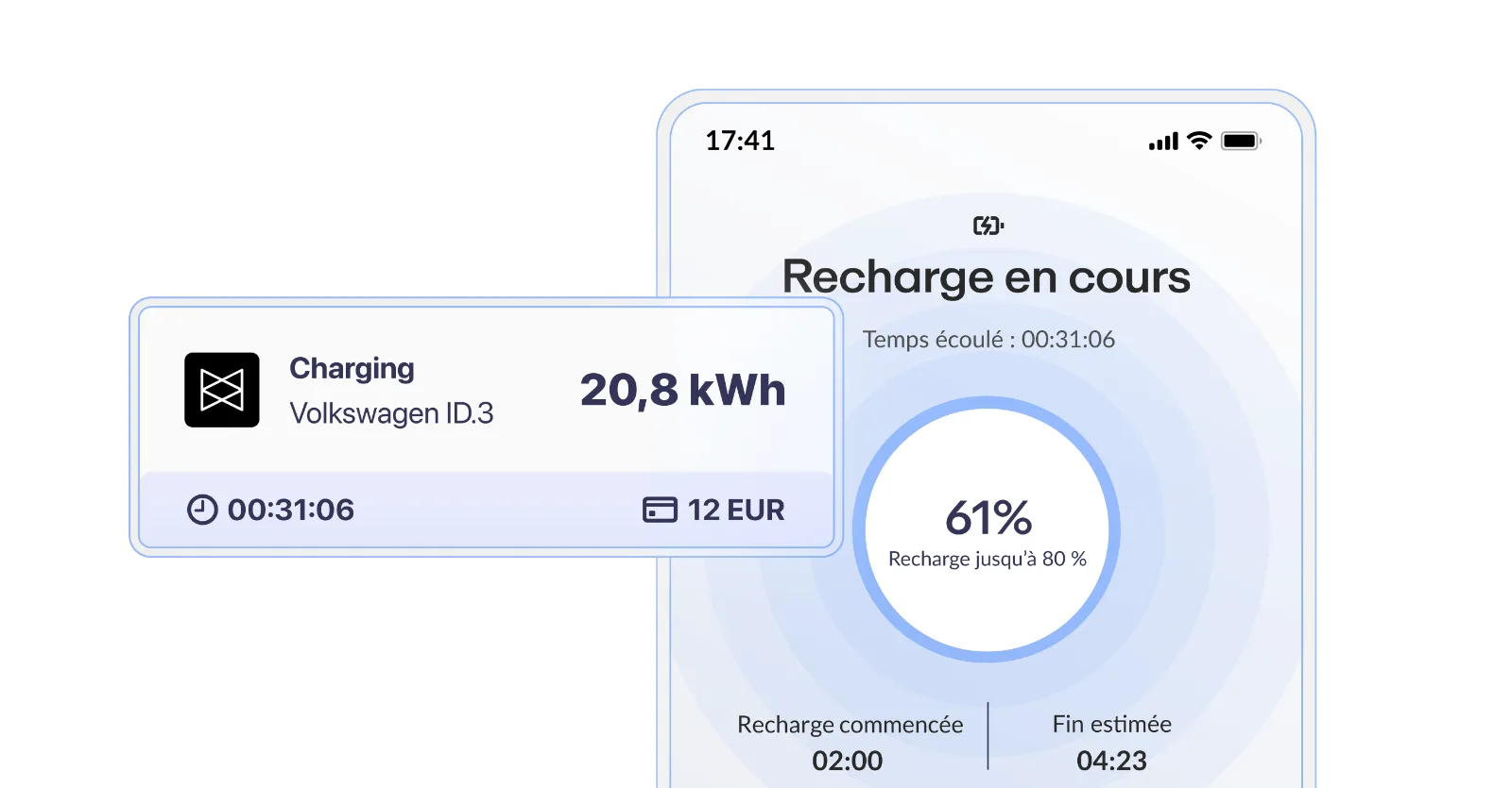 Interface mobile présentant une recharge de véhicule, indiquant 20,8 kWh, 61% complété, avec un chronomètre et des informations sur le coût.