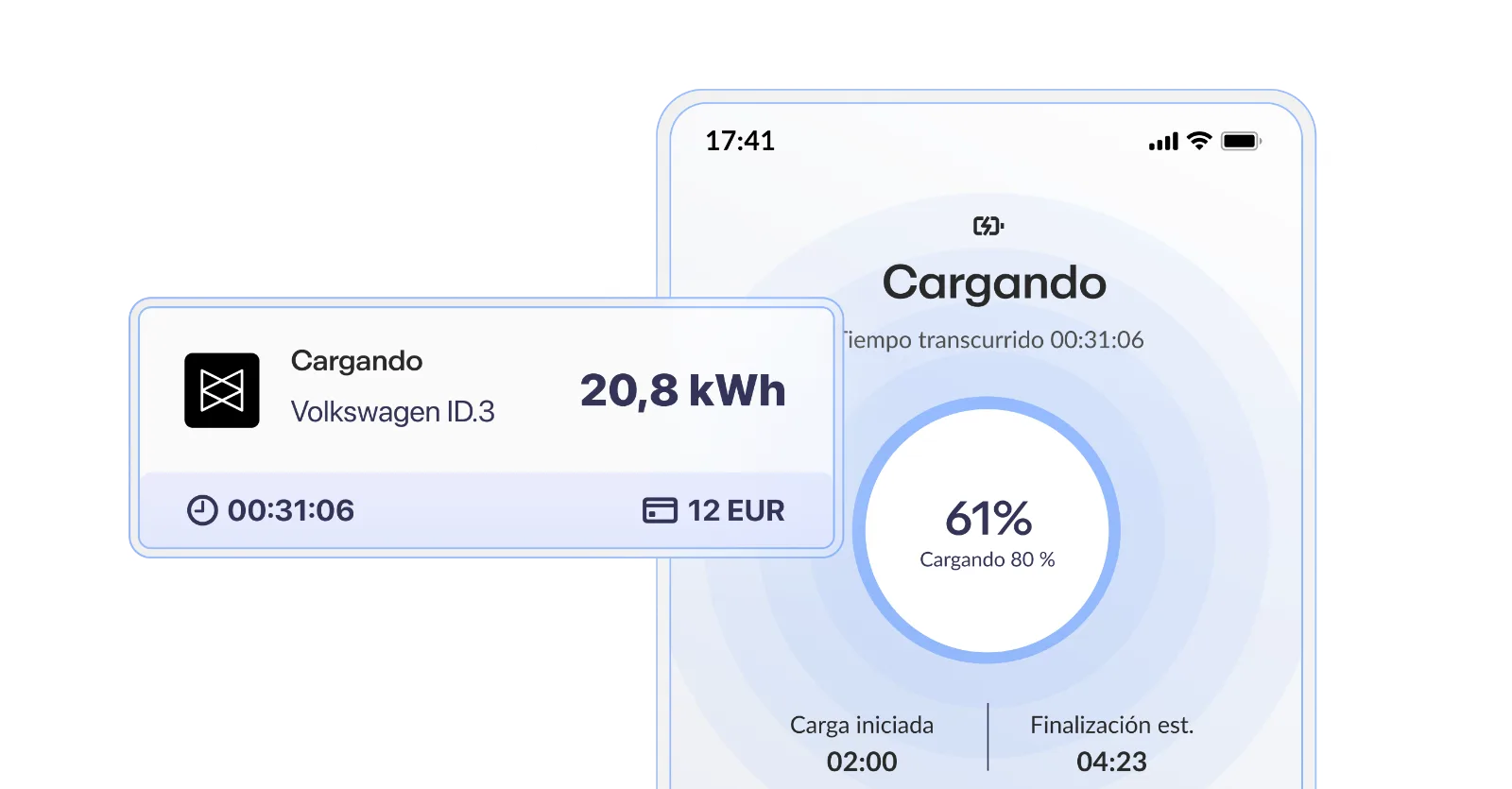 Pantalla de carga de un vehículo eléctrico, mostrando 61% completado, detalles de consumo y tiempo transcurrido, con tonos azules y grises.
