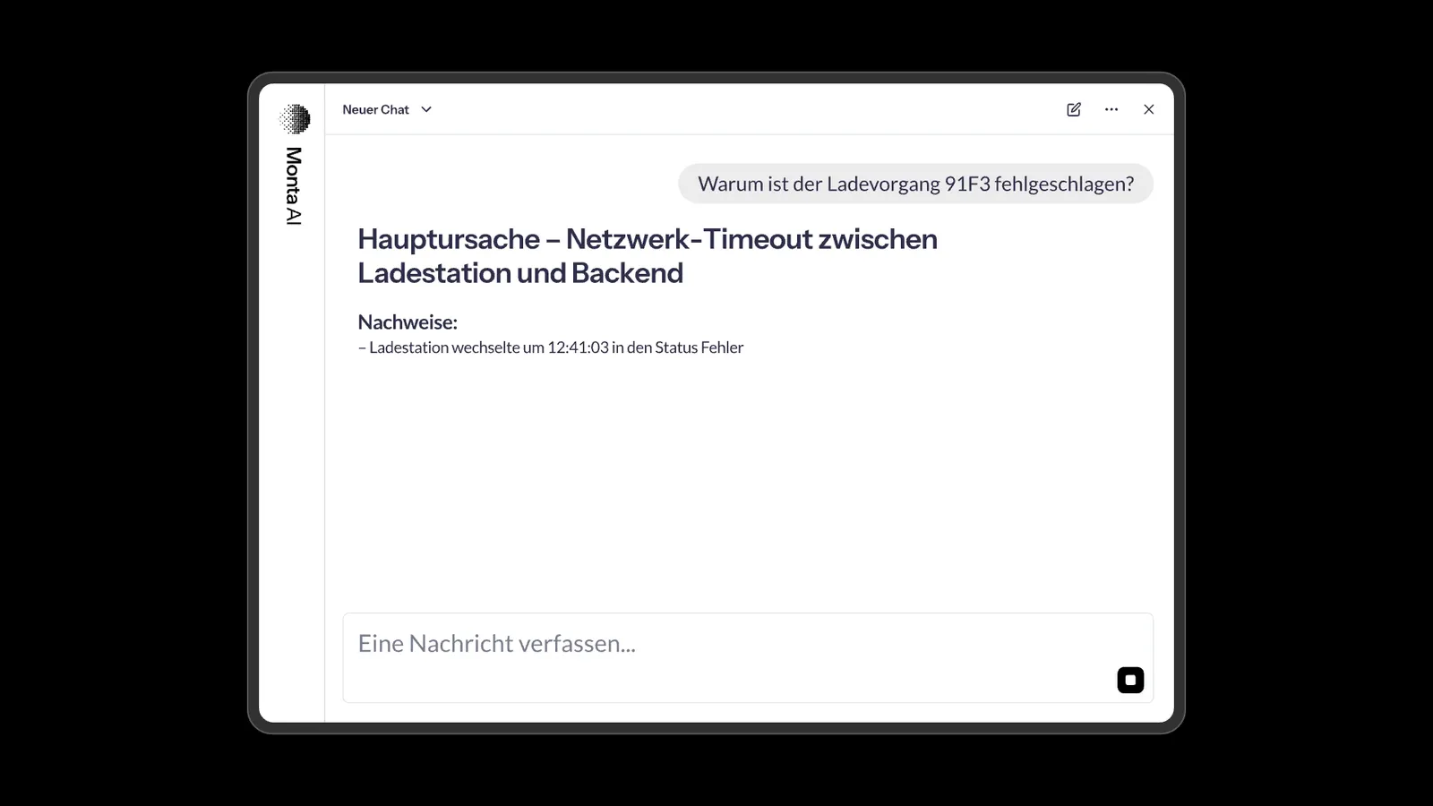 Monta AI beantwortet die Frage „Warum ist der Ladevorgang 91F3 fehlgeschlagen?“ mit der Hauptursache und Nachweisen.