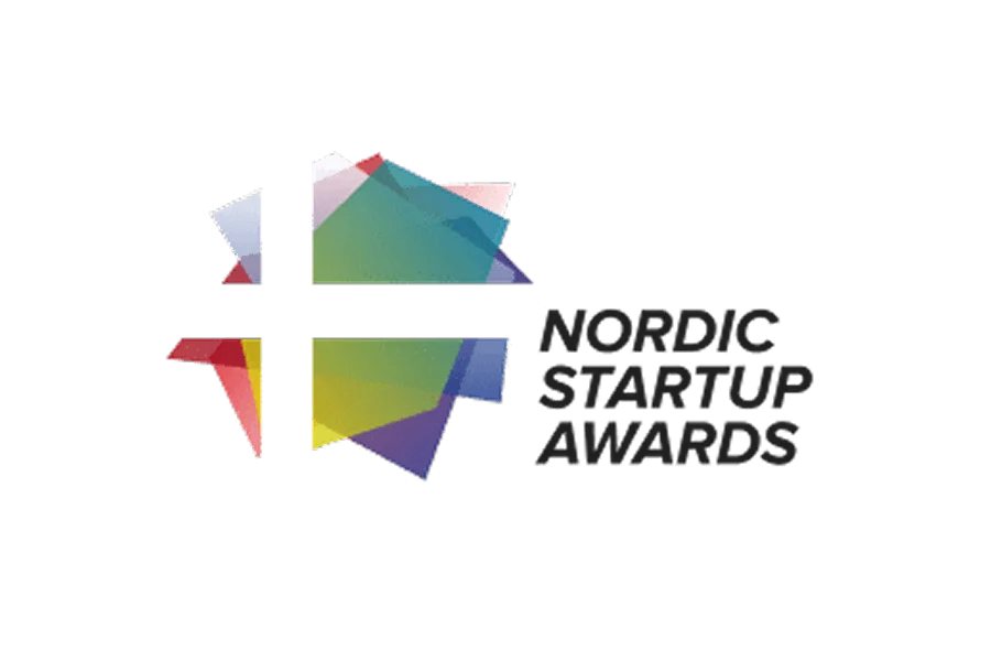 Colourful geometric shapes form an abstract star, accompanied by bold text reading "NORDIC STARTUP AWARDS" to the right.