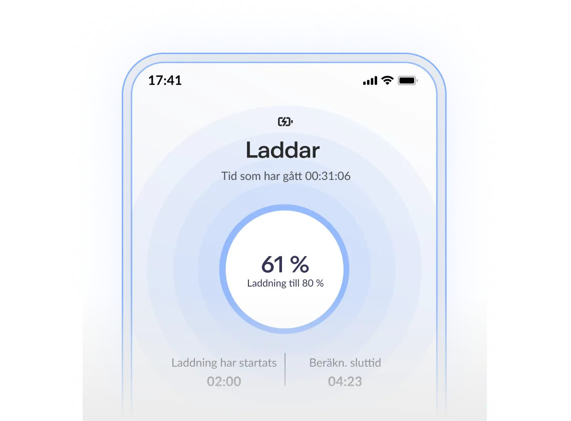 Skärm med laddningsstatus som visar 61 %, tid som gått och beräknad tid kvar. Bakgrund med en mjuk blå ton.