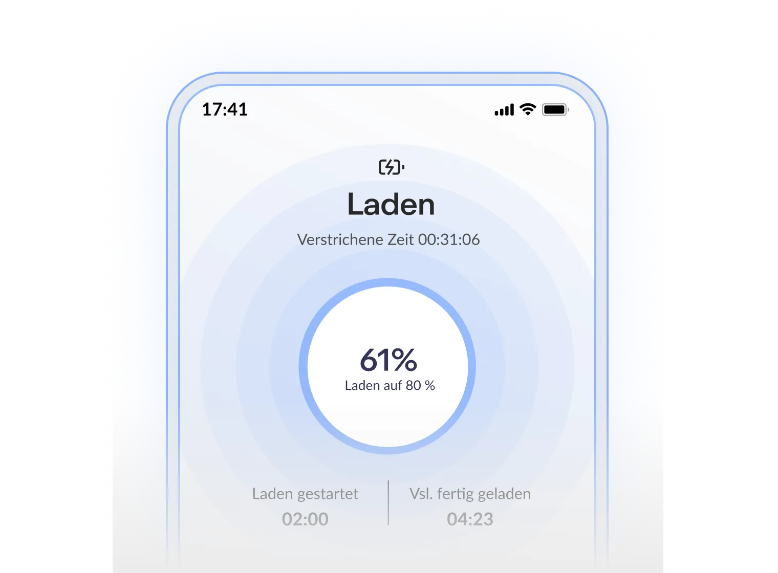 Ladebildschirm mit Fortschritt. Zeigt 61 % geladen, vergangene Zeit 31:06. Hintergrund in Blau, runde Fortschrittsanzeige.