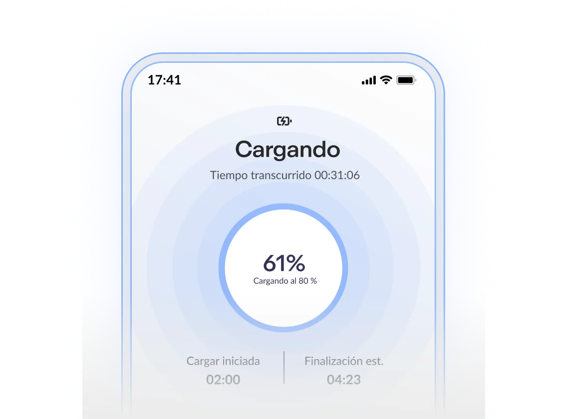 Interfaz de cargador de batería en un teléfono, mostrando un 61% de carga, tiempo transcurrido de 31:06 y estimación de finalización.