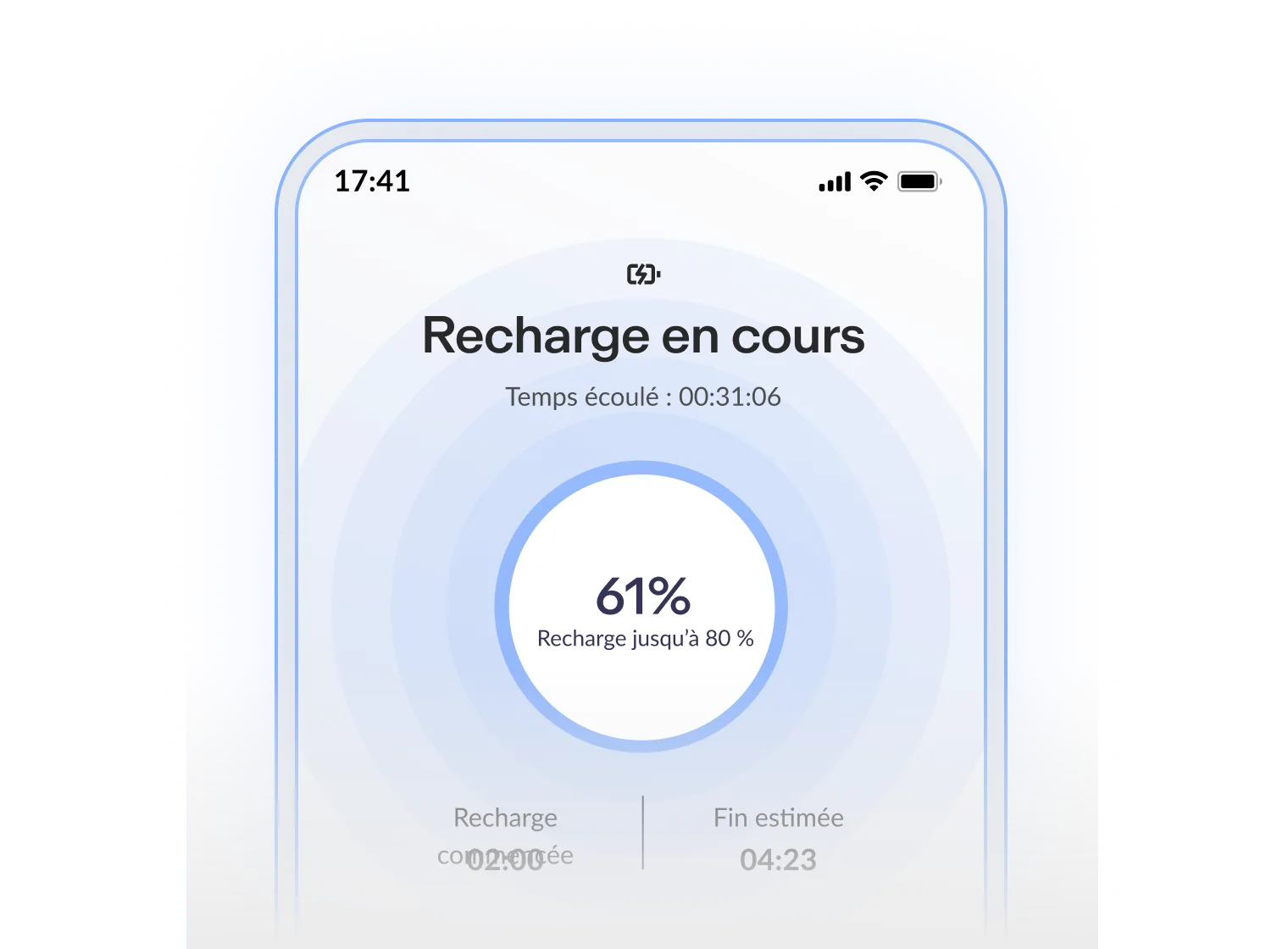 Écran de chargement d'un véhicule électrique affichant 61 % de progression, temps écoulé 00:31:06, fin estimée 04:23.