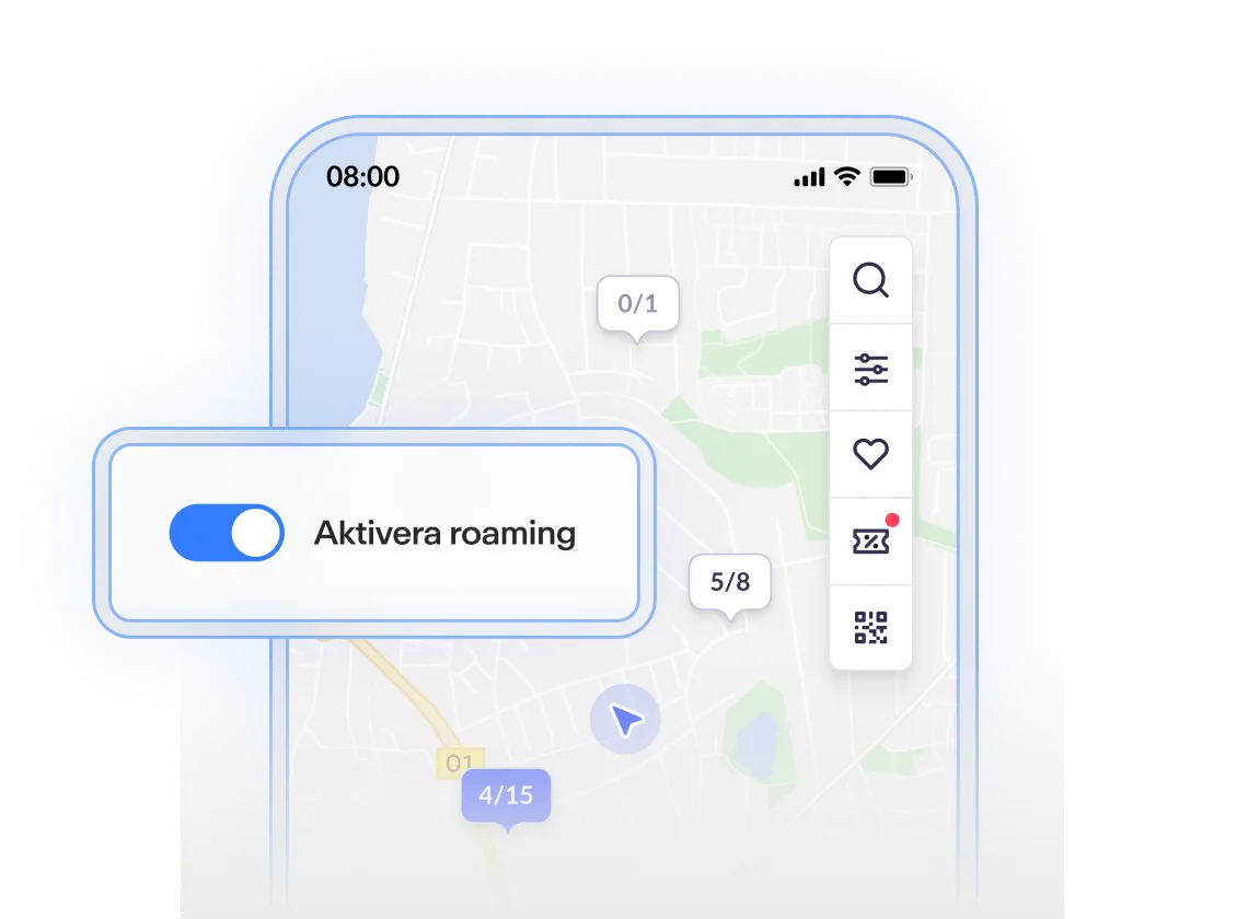 En smartphone-skärm som visar en karta med ikoner för laddpunkter och en växla för att aktivera roaming. Färger i blått och vitt.