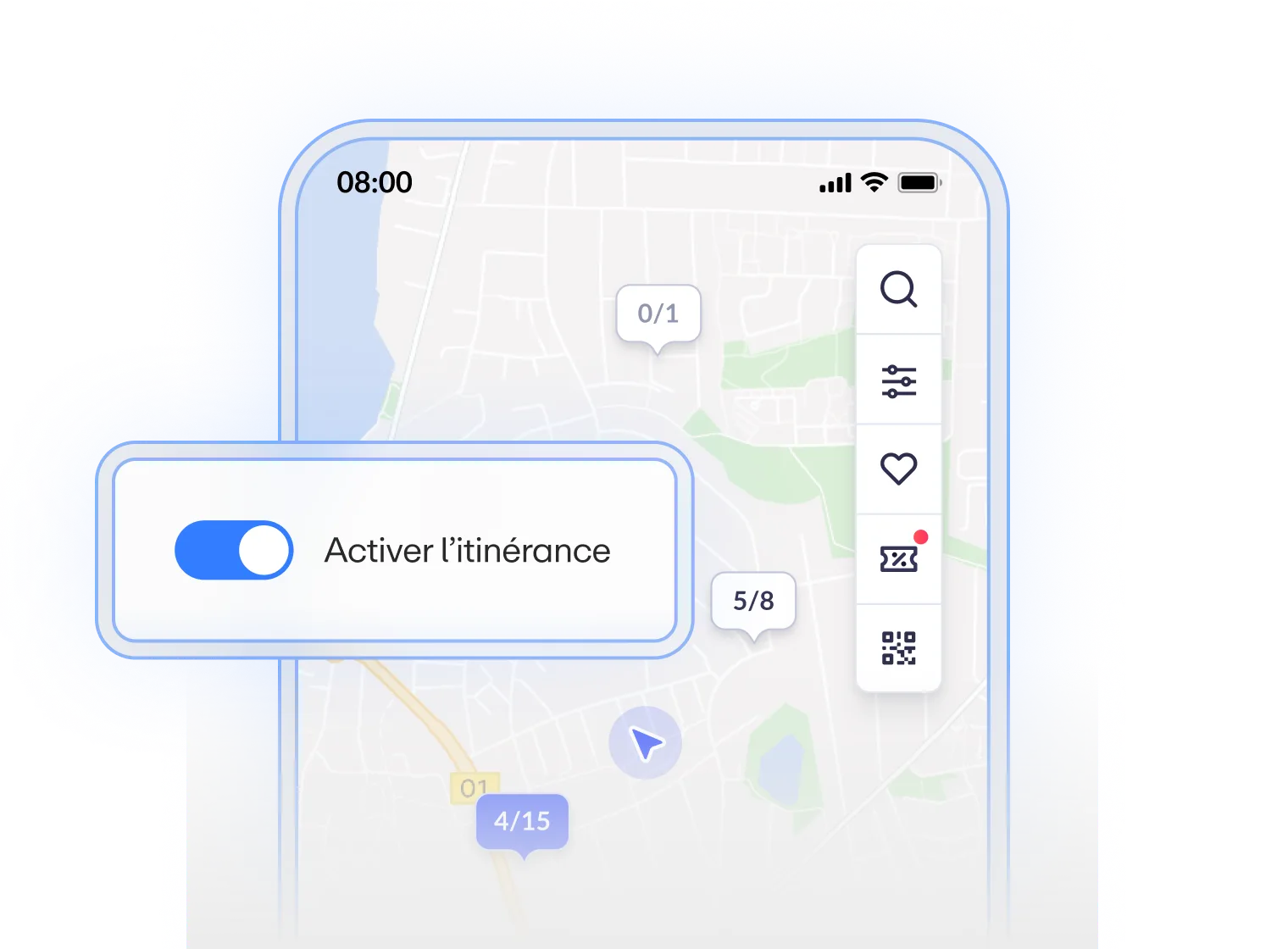 Écran de smartphone affichant une carte avec des marqueurs et un bouton à bascule pour activer l'itinérance, sur fond clair.