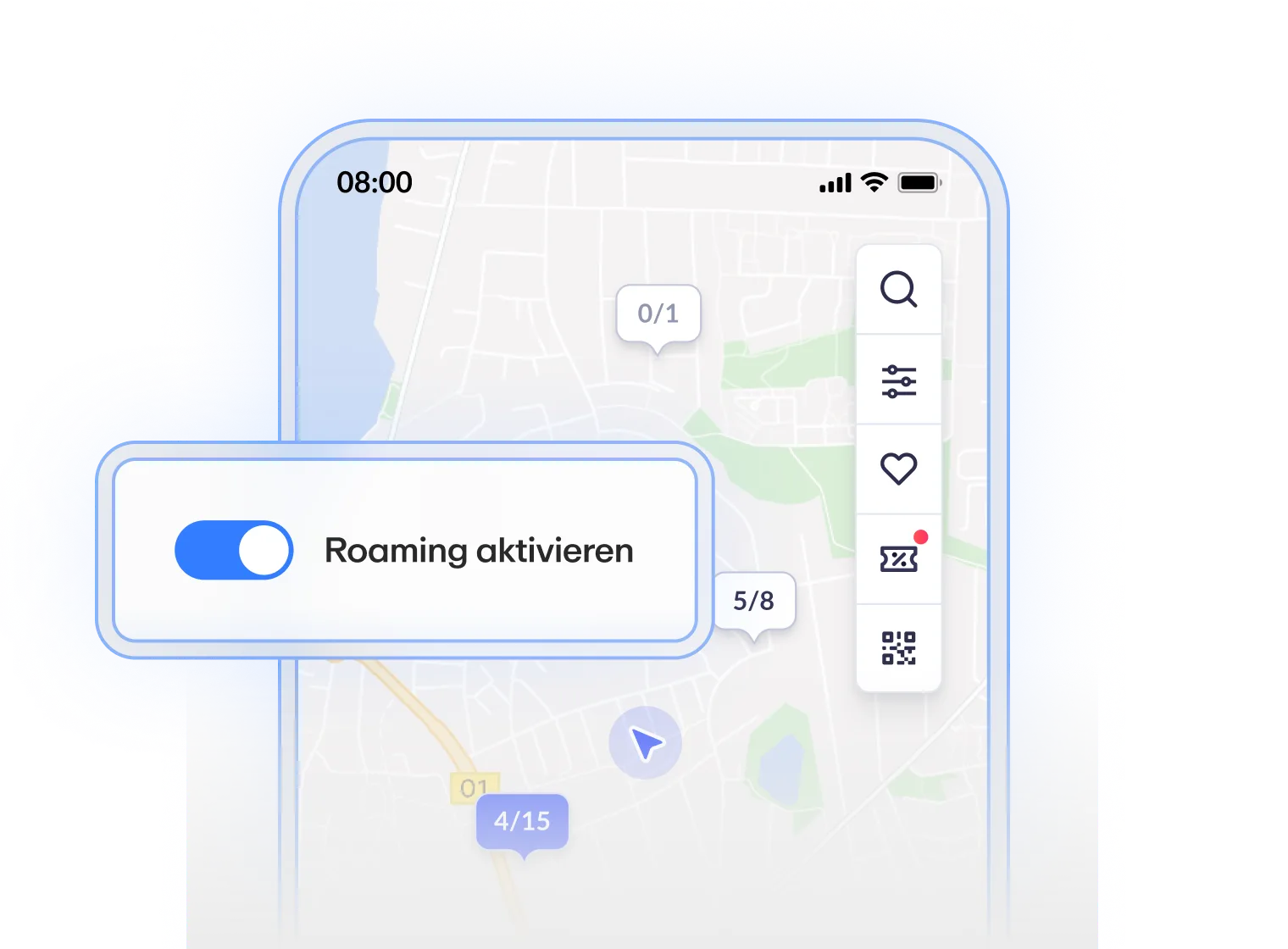 Interaktive Karte auf einem Smartphone mit aktivierbarem Roaming-Schalter. Helle Farben, klare Icons, benutzerfreundliches Layout.