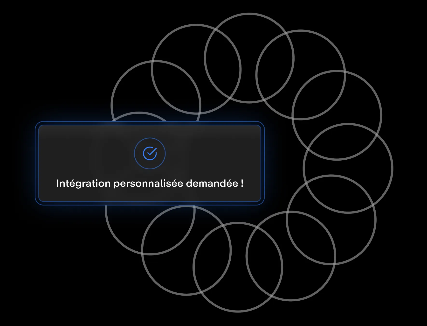 Cercle de lignes transparentes sur fond noir avec un encadré bleu affichant « Intégration personnalisée demandée ! ».