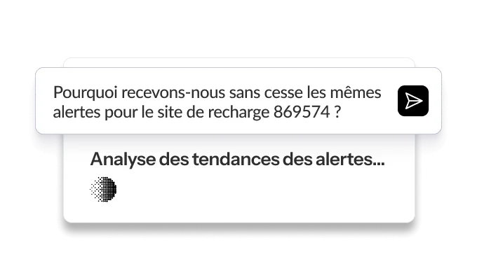 Fenêtre de dialogue avec texte noir sur fond blanc, posée sur une ombre, interrogeant sur les alertes de recharge et affichant une analyse des tendances.