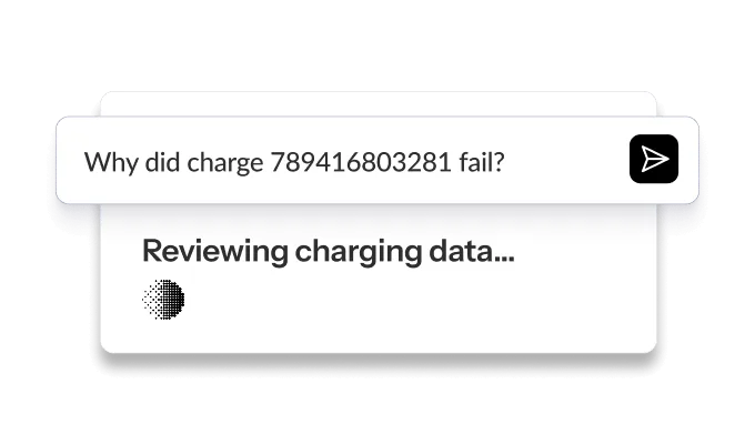 Chatbox displaying the question, “Why did charge 789416803281 fail?” with a loading indicator and text saying, “Reviewing charging data...”