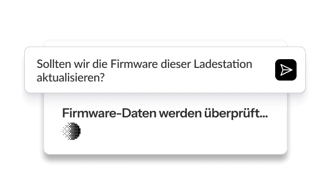 Popup-Fenster mit der Frage zur Aktualisierung der Firmware einer Ladestation sowie einem Ladeindikator. Dunkler Hintergrund.