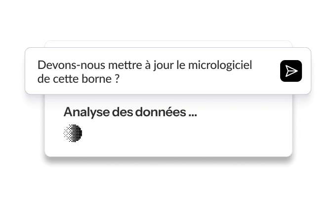 Dialogue interactif demandant une mise à jour du micrologiciel d'une borne de recharge, avec un indicateur d'analyse des données en bas.