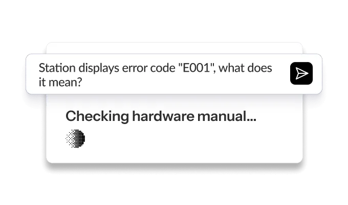 Error message displayed on a screen, showing "Error code E001" with a prompt to check the hardware manual. Background is minimalist.