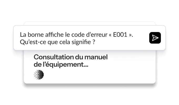 Interface d'aide avec un message sur le code d'erreur E001, arrière-plan simple, texte clair en noir sur blanc.