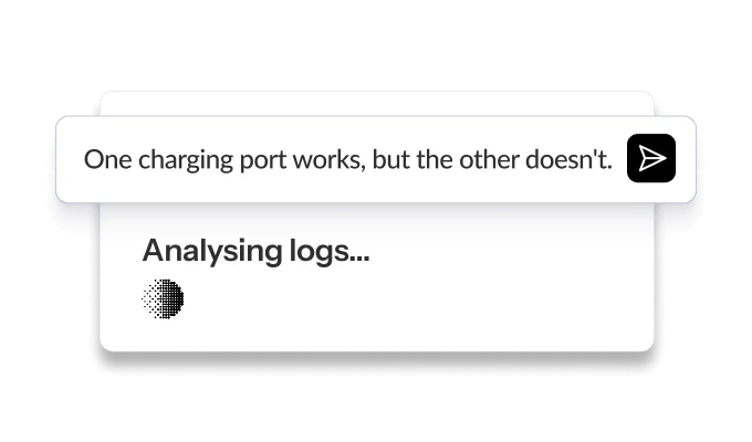 A notification panel displaying a message about a malfunctioning charging port and a loading animation below it.