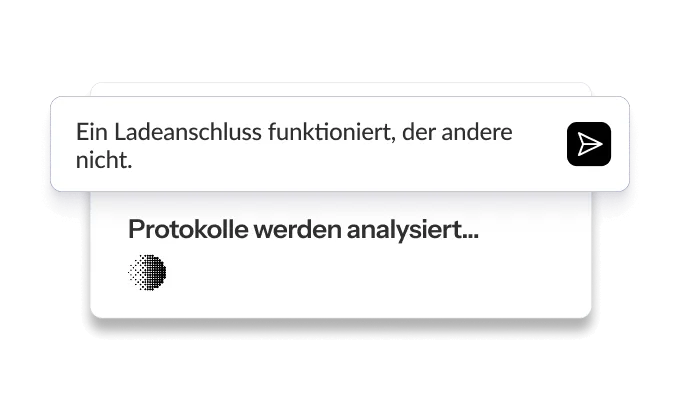 Grafik mit zwei Ladeanschlüssen; einer funktioniert, der andere nicht. Textfeld mit Analysehinweis und Fortschrittsanzeige.