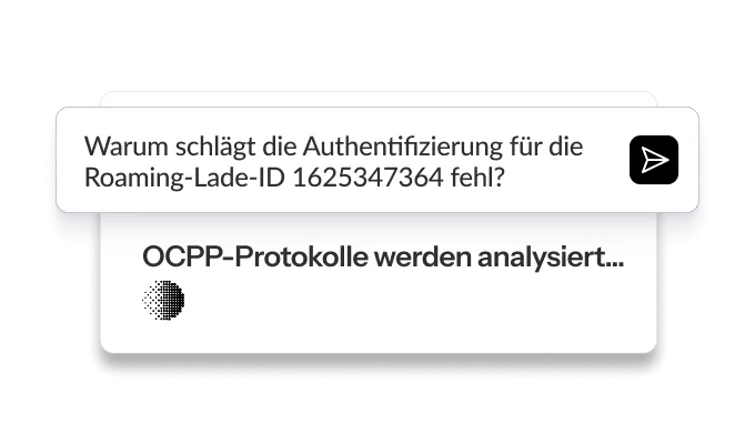 Chatbot-Blase mit Text über Authentifizierungsfehler für Roaming-Lade-ID und Fortschrittsanzeige zur Analyse von OCPP-Protokollen.