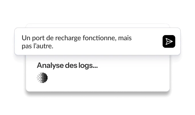Interface montrant un message d'erreur sur un port de recharge, avec une zone d'analyse des logs en bas et un bouton d'action.