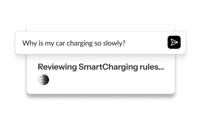 Text bubble with a question about slow car charging above another bubble stating "Reviewing SmartCharging rules..." on a soft gradient background.