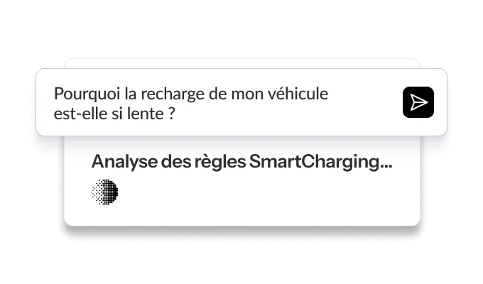 Interface avec un texte sur la recharge des véhicules électriques, comprenant une question et une mention des règles SmartCharging.