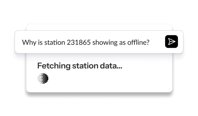 Text box shows a query about station 231865 being offline, with a loading spinner indicating data is being fetched.