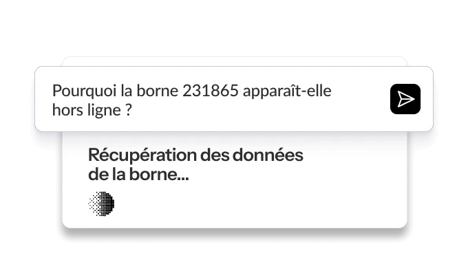 Interface de Monta AI affichant un message d'erreur concernant une borne de recharge hors ligne avec une animation de récupération des données.