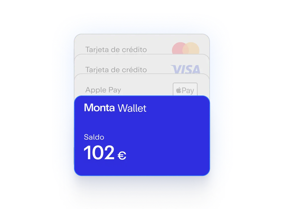 Billetera Monta con saldo de 102 €, mostrando opciones de pago como tarjeta de crédito y Apple Pay en un diseño limpio y azul.