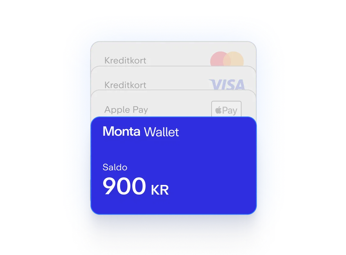 Ett användargränssnitt som visar Monta Wallet med ett saldo på 900 KR och betalningsalternativ som kreditkort och Apple Pay.