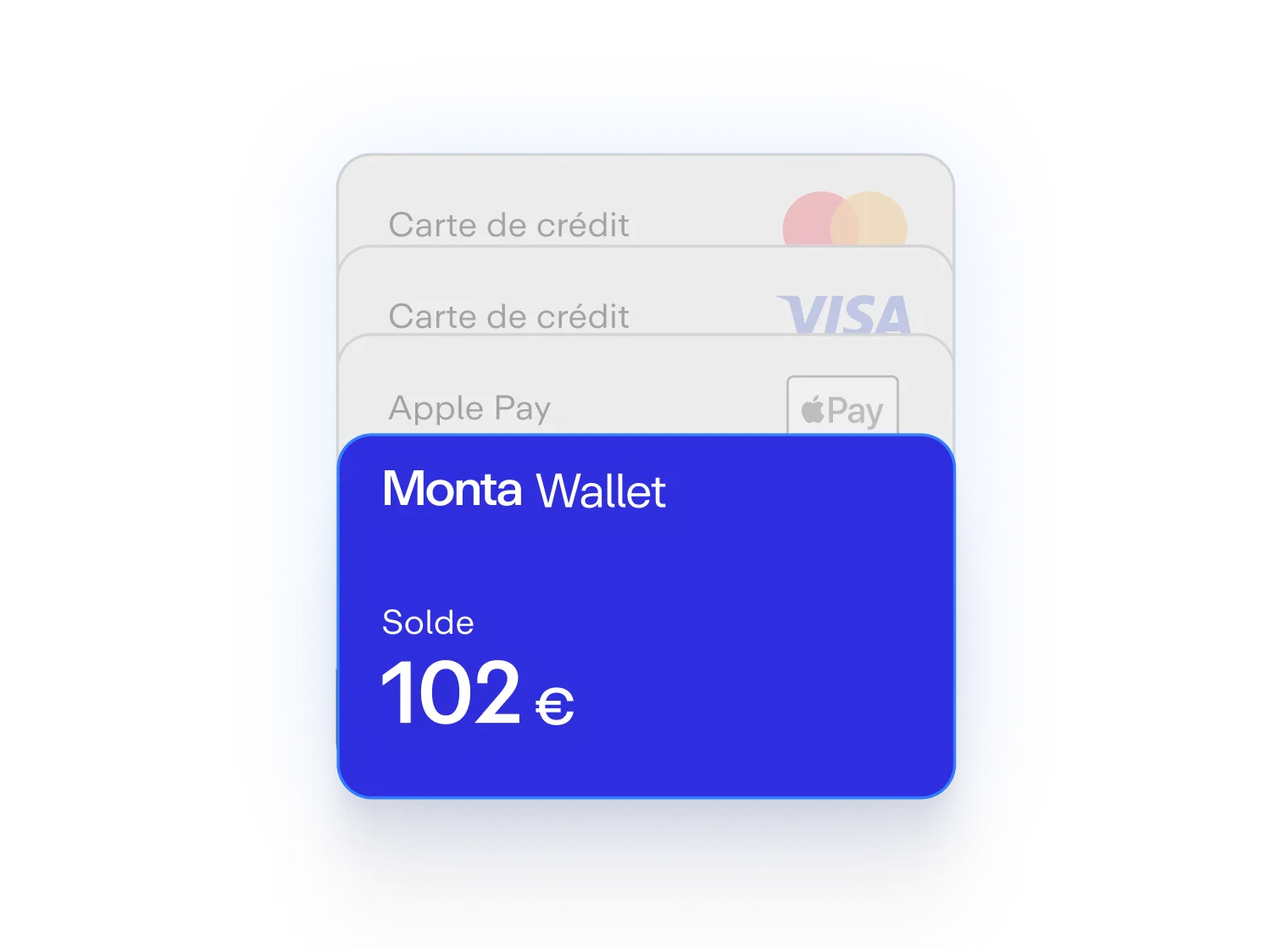 Interface de paiement affichant un solde de 102 € sur Monta Wallet, avec options de carte de crédit et Apple Pay au-dessus.