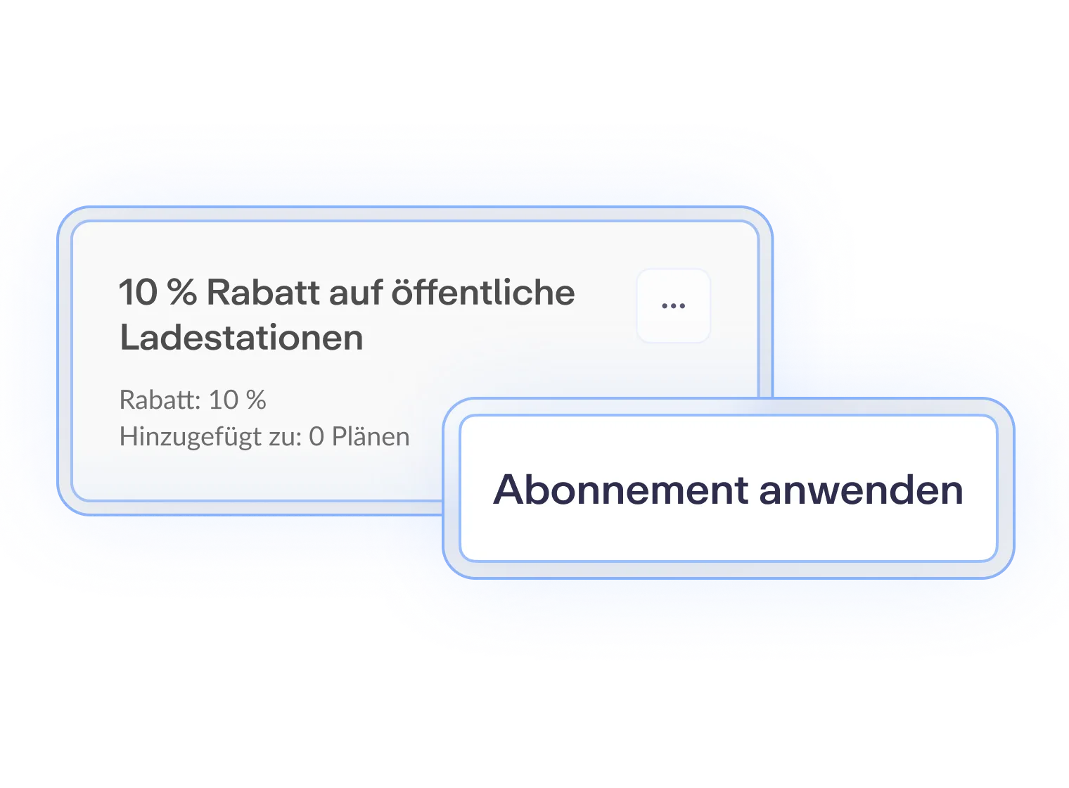 Blauer Hintergrund mit weißen Textfeldern: "10 % Rabatt auf öffentliche Ladestationen" und "Abonnement anwenden".