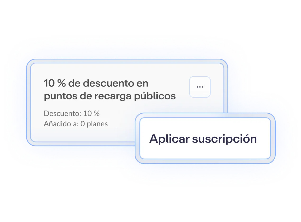 Descuento del 10% en puntos de recarga públicos con botón para aplicar suscripción, en fondo blanco y azul.