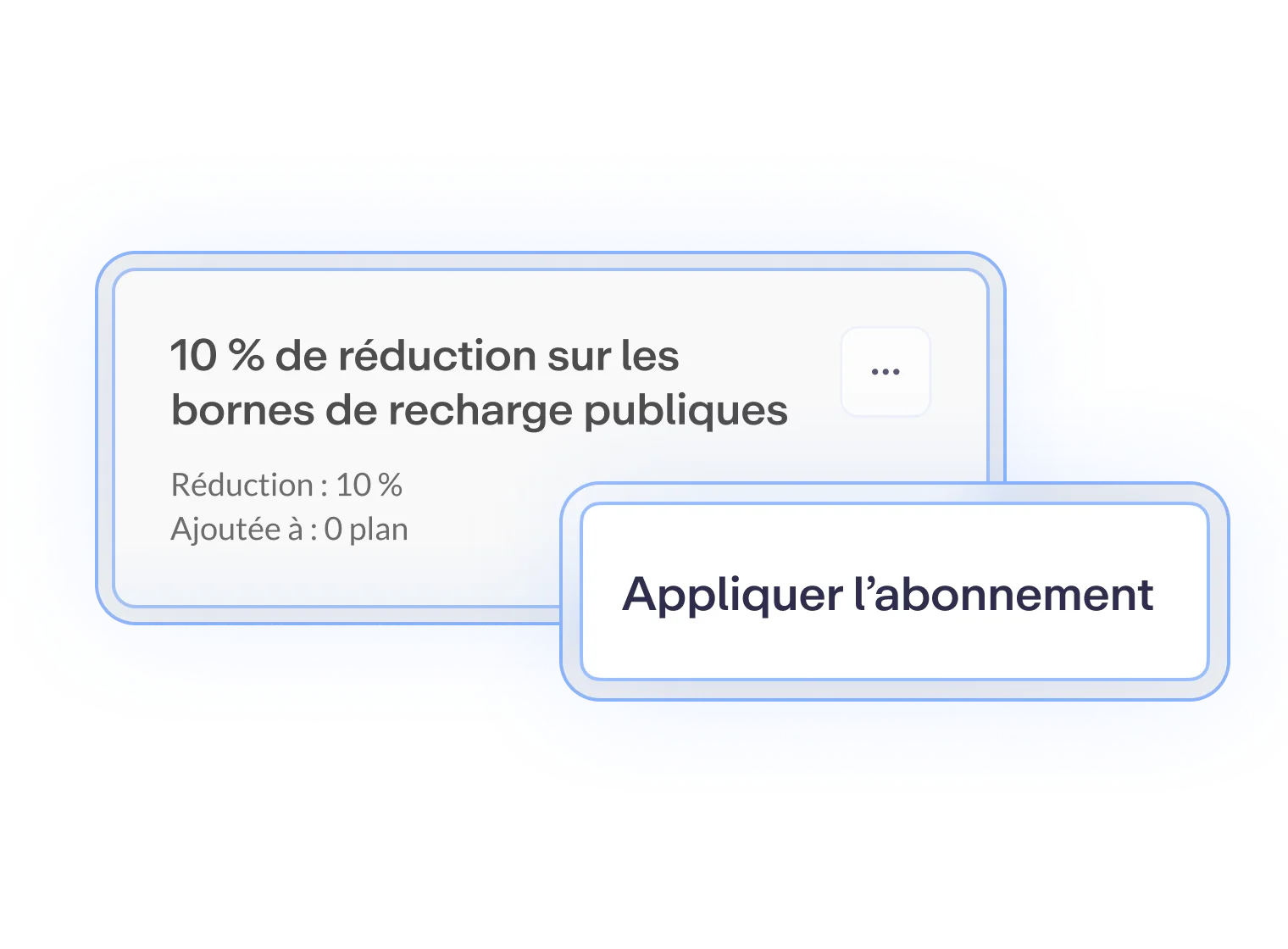 Texte sur fond clair indiquant "10 % de réduction sur les bornes de recharge publiques", avec un bouton "Appliquer l’abonnement".