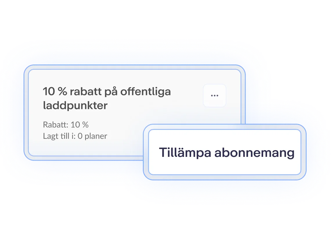 Rabattskylt för offentliga laddpunkter med texten "10 % rabatt" och knappen "Tillämpa abonnemang" i vitt och blått.