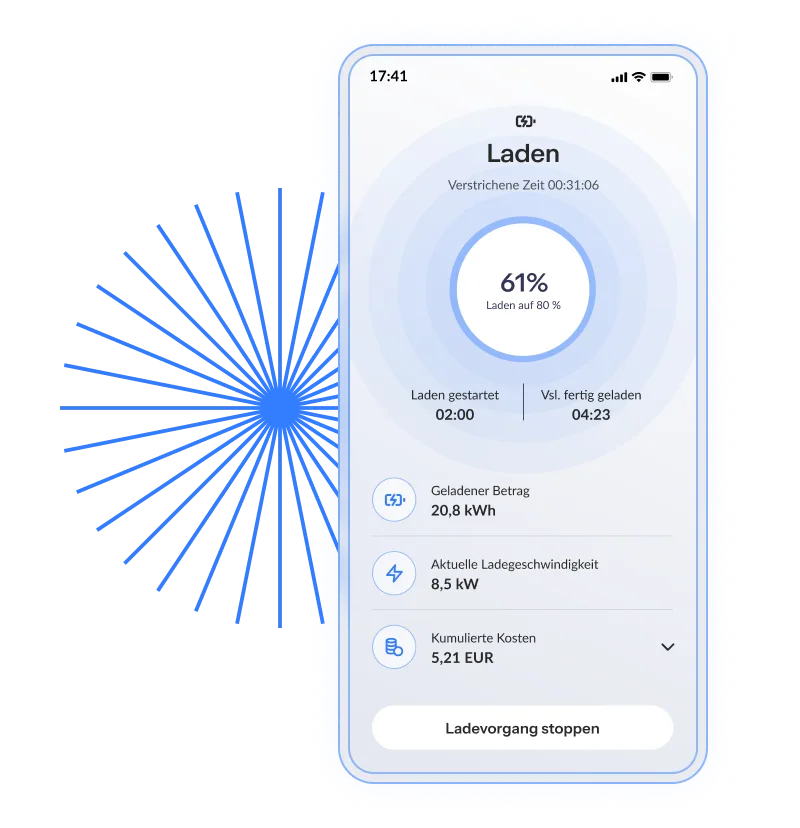 Ladebildschirm mit Fortschrittsanzeige in Blau, 61% erreicht, Ladeinformationen und Kosten auf einem Smartphone sichtbar.