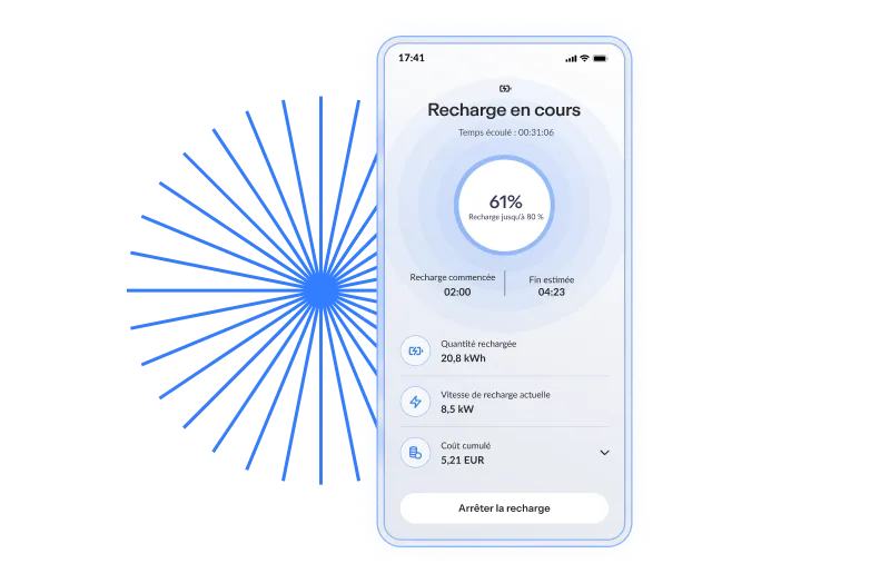 Écran de recharge mobile affichant le pourcentage, le temps écoulé, la quantité d'énergie en kWh et le coût cumulé en euros.