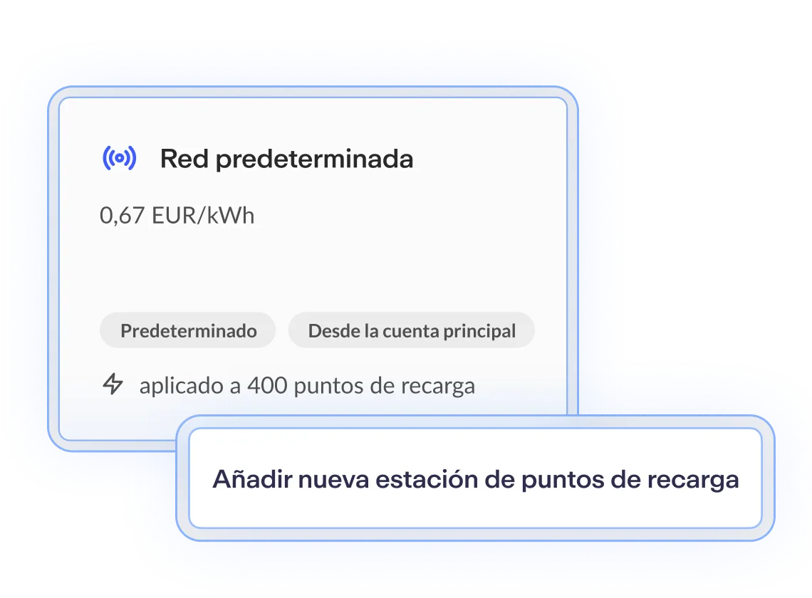 Interfaz de usuario mostrando información sobre una tarifa de recarga eléctrica y opción para añadir una nueva estación de recarga.