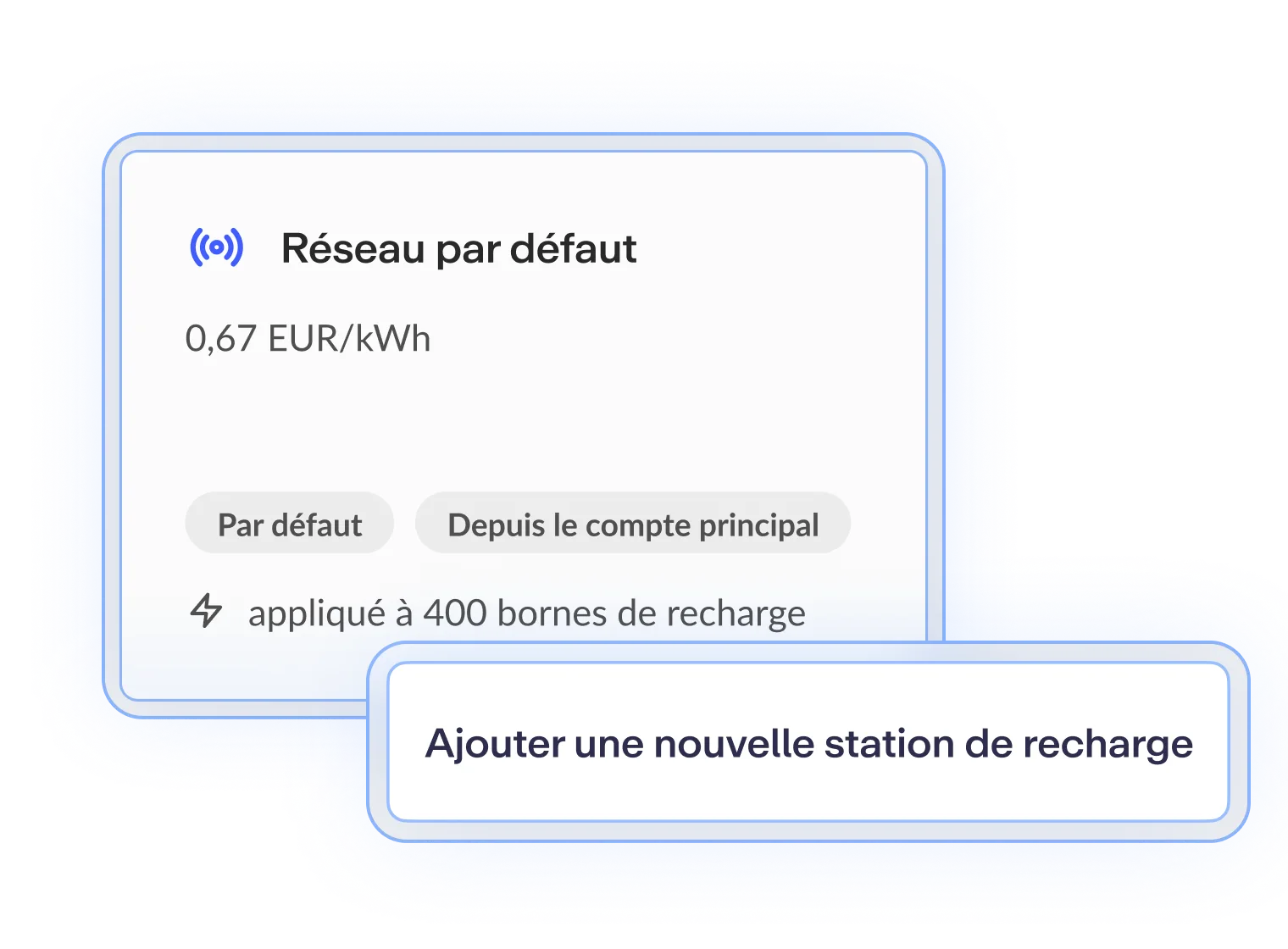 Interface utilisateur présentant des informations tarifaires sur un réseau de recharge, avec un bouton pour ajouter une station de recharge.