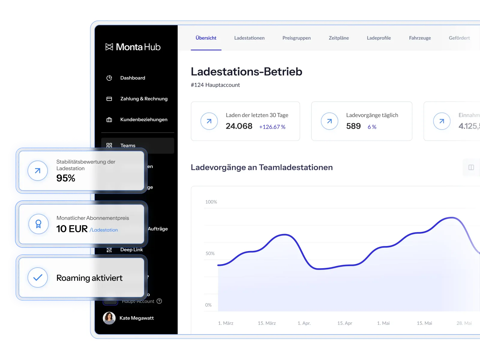 Grafik mit Dashboard-Übersicht für Ladestationsbetreiber, zeigt Leistungsdaten, Diagramme und wichtige Kennzahlen in Blau- und Grautönen.