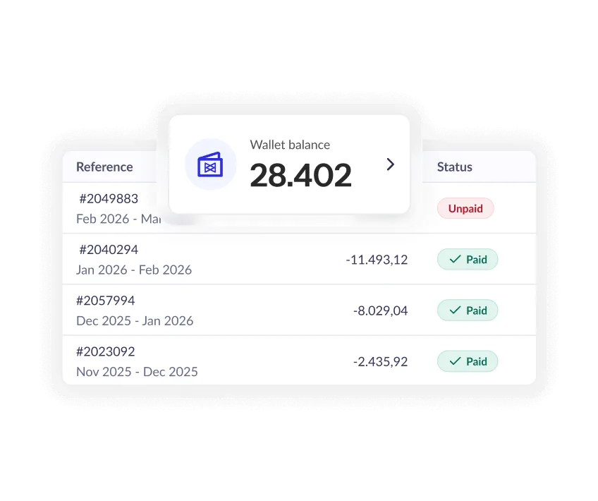 Subscription transactions in Monta Hub with the wallet balance and paid and unpaid status